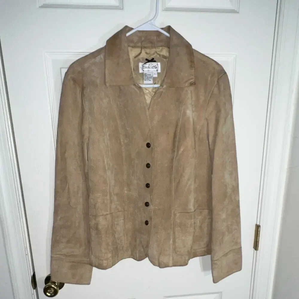 Live a Little Leather Button Front Collared Jacket Beige Lined Women's L w/flaws